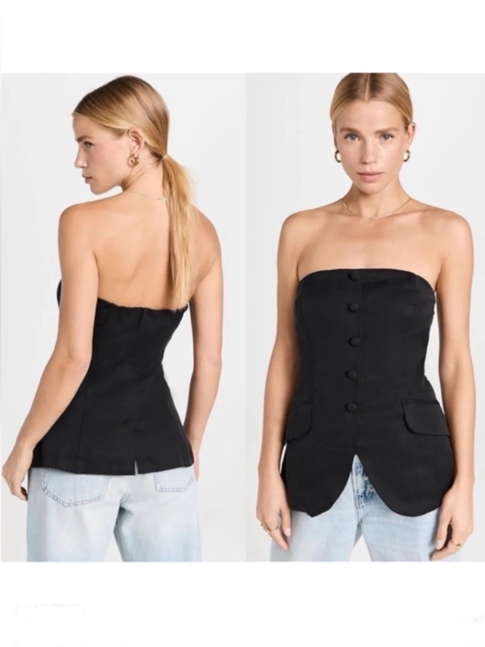Reformation size 10 Tonya top black strapless faux button front split front